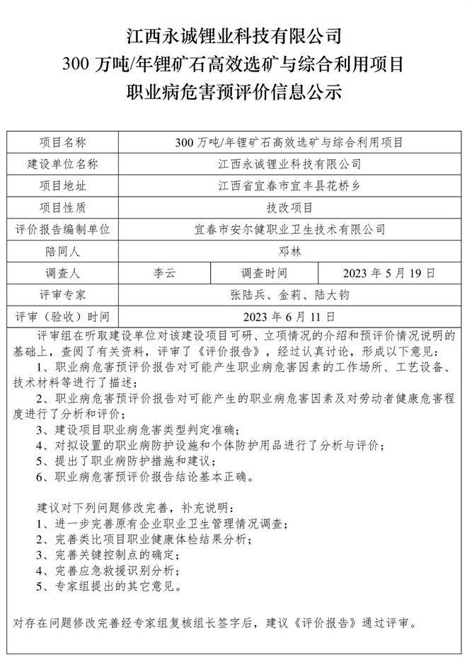 1686560732604877.jpg 江西永誠鋰業(yè)科技有限公司300萬噸年鋰礦石高效選礦與綜合利用項(xiàng)目職業(yè)病危害預(yù)評(píng)價(jià)信息公示.jpg